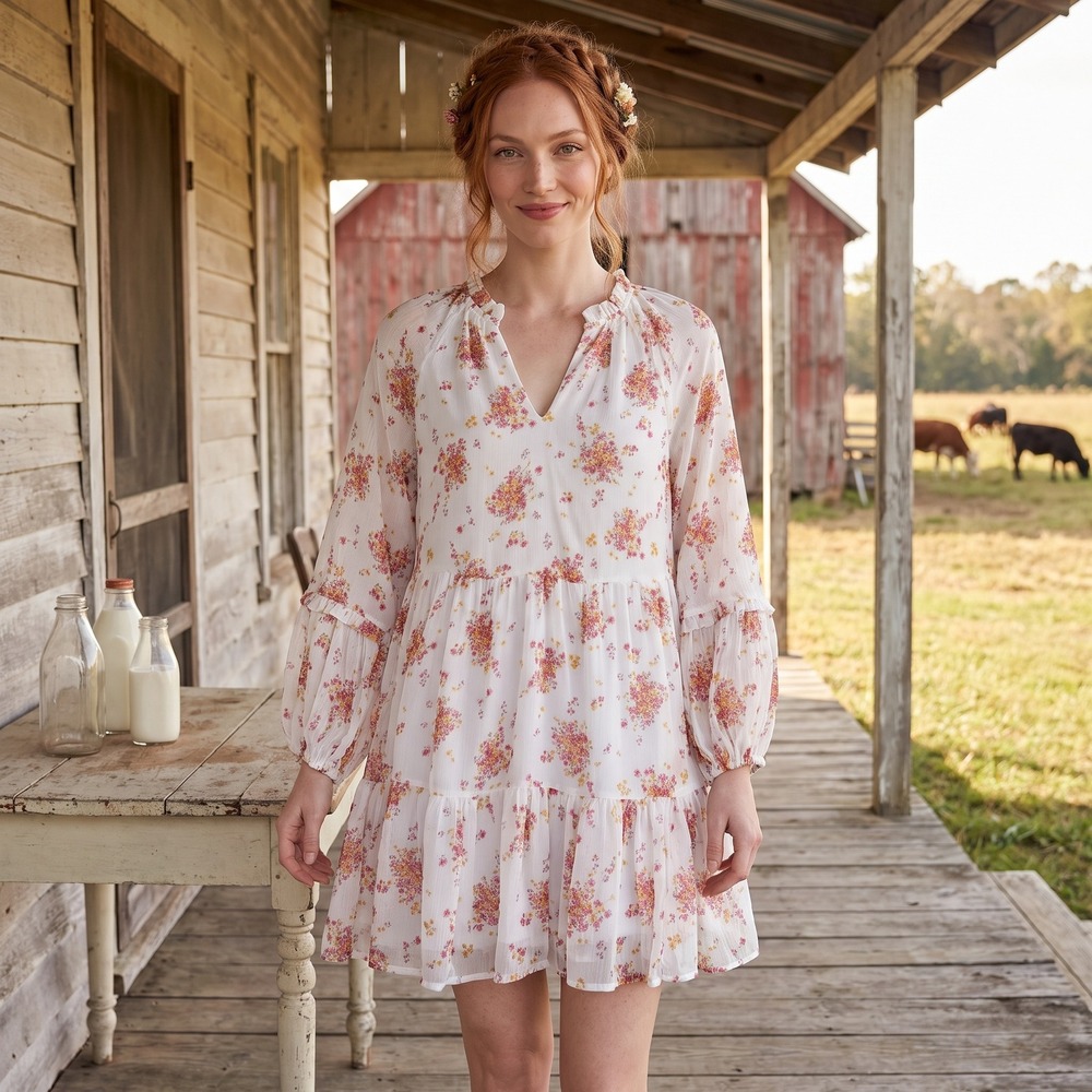 Vince Camuto Cottagecore Tiered Mini Dress Women S White Floral Boho C3422900